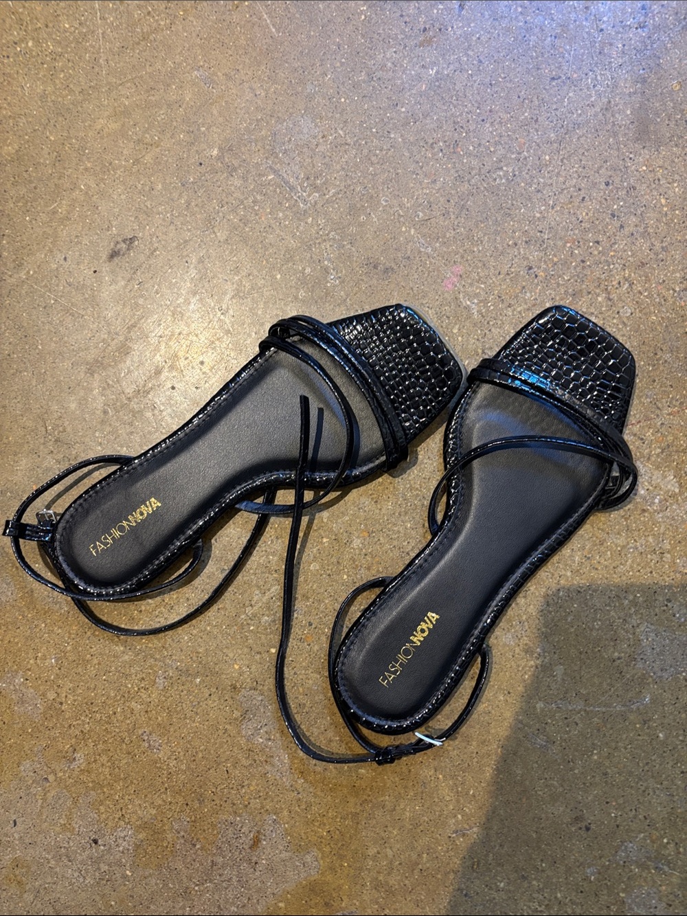 Fashion Nova Black Croc-Textured Square Toe Wrap Sandals